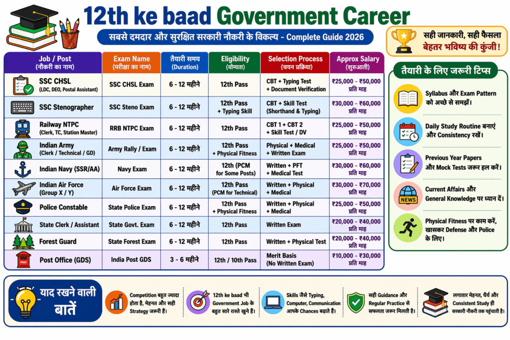 12th ke baad government career: सबसे दमदार और सुरक्षित सरकारी नौकरी के विकल्प (2026 Guide)