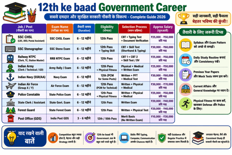 12th ke baad government career: सबसे दमदार और सुरक्षित सरकारी नौकरी के विकल्प (2026 Guide)