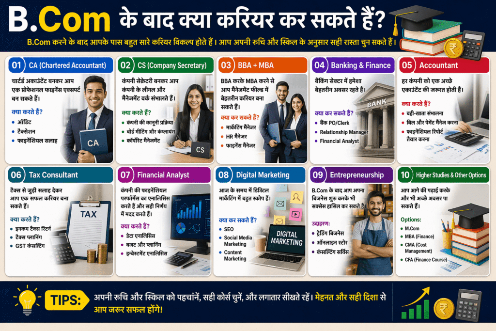 बी कॉम के बाद क्या करियर कर सकते है: नौकरी, CA, MBA या Skill – कौन सा है बेस्ट?