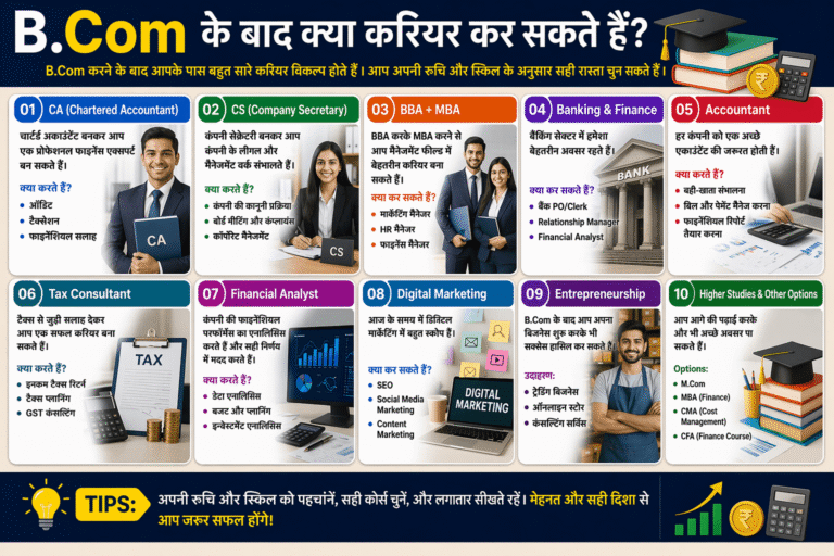 बी कॉम के बाद क्या करियर कर सकते है: नौकरी, CA, MBA या Skill – कौन सा है बेस्ट?